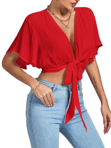Image of LYANER Women's Sexy Deep V Neck Tie Front Wrap Cropped Blouse Bell Short Sleeve Ruffle Crop Tops