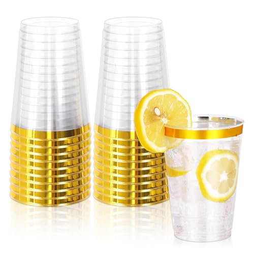 Image of 20 Pcs Gold Plastic Cups,12oz Gold Rimmed Plastic Cups,Heavy Duty Disposable Plastiic Wine Glasses Cocktail Glasses Premium Cup with Gold Rim for Party,Wedding,Christmas