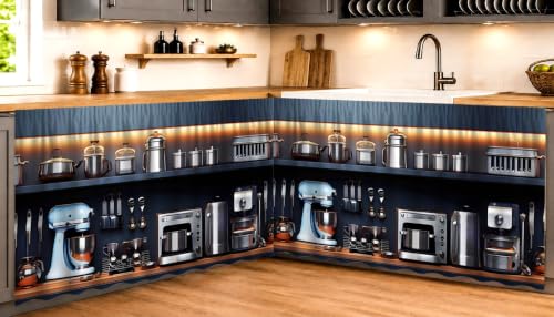Image of Under Sink & Counter Curtain for Modular Kitchen - Printed Fabric Rod Pocket Hanging Skirt, Washable Under-Counter Cover, Pack of 2 Panels (Each Panel: 150 x 70 cm) (Grinder)