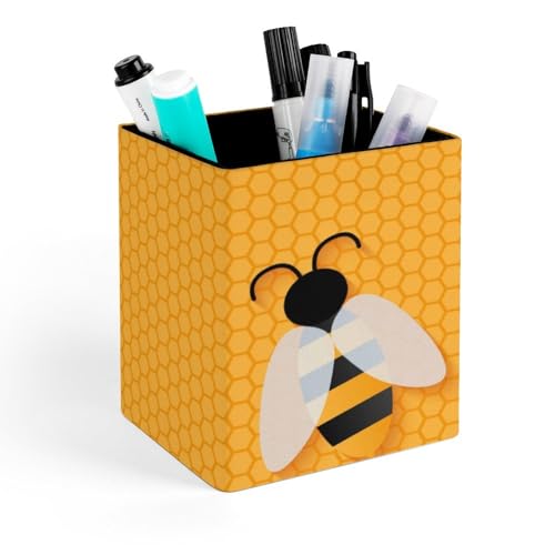 Quteprint Soporte cuadrado para lápices, soporte geométrico amarillo de abeja animal para escritorio, organizador de bolígrafos de oficina de poliuretano, accesorios de escritorio, taza de lápices