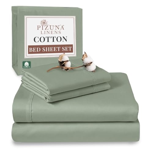 Pizuna Pure Combed Cotton Bed Sheet King Size Set Sage, 400 Thread Count Cozy Luxury 100% Long Staple Cotton Sateen Weave Bedsheet Set (1 Flat Sheet, 1 Fitted Sheet, 2 Pillowcases)