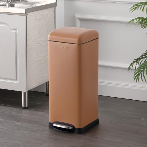 Image of happimess Betty 8 Gal Step Trash Can Soft-Close Lid, Clay Rose | Removable Liner, Semi-Rectangular, Steel Pedal, Iron Powder Coated, 27 inch Height, Non-Skid Base