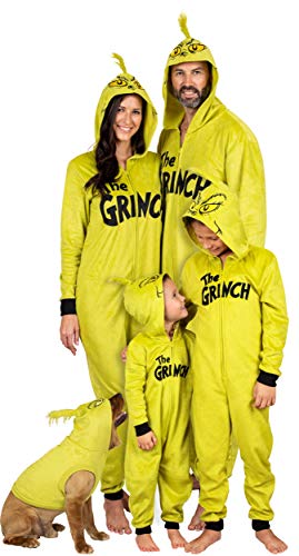 Dr. Seuss Grinch Fleece Onesie Pajamas - Matching Family Adult Kids Hooded Costume, Green, Size Kids - 6 (Boys/Girls)