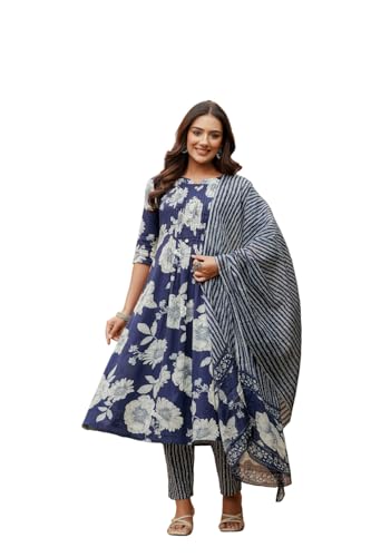 Image of NIVANA Floral Printed Kurta with Pant & Stripe Printed Dupatta | 3 /4 Sleeves | Round Notch Neck Button Detail