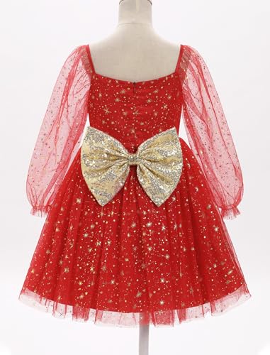 IDOPIP Toddler Girls Sparkly Dresses Sequin Bowknot Pageant Birthday Party Dress Glitter Mesh Long Sleeve Fall Dress Clothes3