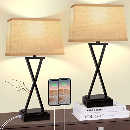 Table Lamps Touch Control, Set of 2 Bedside Lamps for Bedroom Living Room, 3-Way Dimmable Nightstand Lamps with USB Ports and AC Outlet, Deep Brown Desk Lamp Farmhouse Lamp for Reading, Study Room