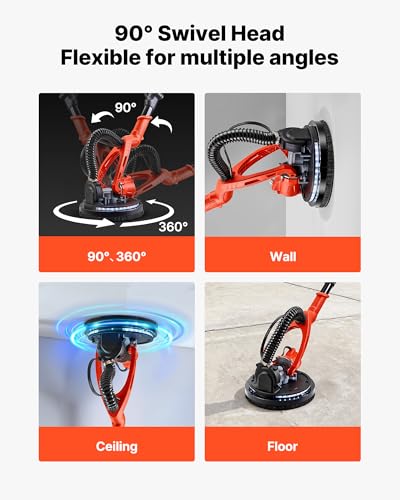 Image of VEVOR Cordless Drywall Sander, 450W Electric Sander, Popcorn Ceiling Removal Tool with Vacuum Dust Collection, 7 Variable Speed 0-1600 RPM, LED Light, Foldable & Extendable Handle, 15 Sanding Discs