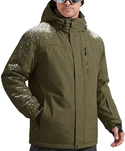 FREE SOLDIER Men's Waterproof Ski Snow Jacket Fleece Lined Warm Winter Rain Jacket with Hood Fully Taped Seams(Army Green,2XL)