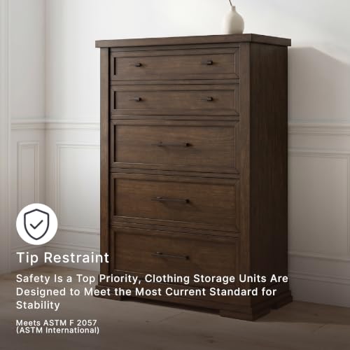 Image of Signature Design by Ashley Taffenbrook Farmhouse 5-Drawer Chest with Felt-Lined Top Drawer and Easy Glide for Bedroom, Dark Brown