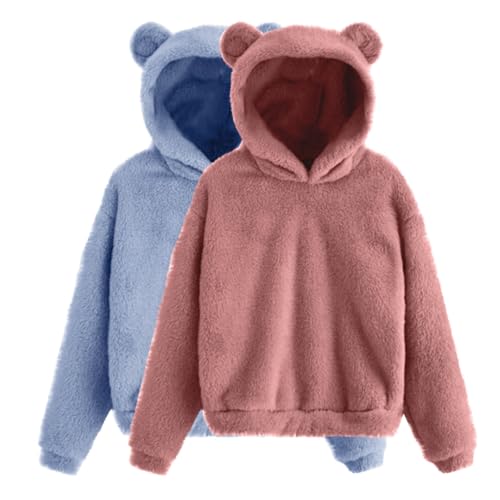 Akklian Womens Cute Sweatshirts Y2k Teen Girls Outdoor Fuzzy Fleece Pullover Sweater Fall Winter Pajama with Bear Ears Hood