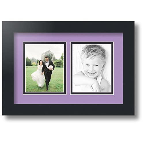 ArtToFrames Collage Photo Frame Double Mat with 2-4x5 inch Openings with Black Frame and Lavender Mist Top Mat