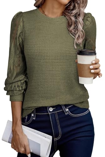 Image of BLENCOT Womens Casual Crochet Top Mesh Lace Long Sleeve Shirts Waffle Knit Blouse Crewneck Shirt Fall Womens Tops Pullover
