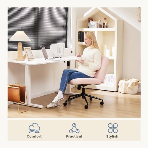 Image of DUMOS Criss Cross Chair with Wheels, Cross Legged Office Chair Armless Wide Desk Chair with Dual-Purpose Base, Adjustable Swivel Teddy Fabric Task Vanity Home Office Desk Chair, Pink