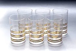 SORATH 6 Pcs Plastic Gold Strip Design Unbreakable Stylish Transparent Water Glass/Juice Glass/Beer Glass/Wine Glass Plastic ABS Glass Saga Magic Glasses Set 300 ml