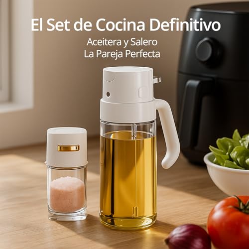 Miniatura 3 de Set Pulverizador De Aceite En Spray 550 Ml Más Salero De Vidrio Aceitera Dispensadora Con Spray Pulverizador Y Cierre Antigoteo, Set Premium Para Freidora De Aire, Parrilla, Cocina Y Ensaladas