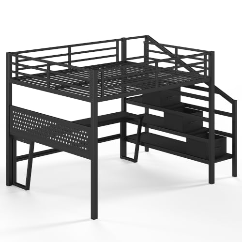 Image of Bellemave Queen loft Bed with Movable Desk and Storage Stairs, Shelves, Metal Loft Beds with LED Lights, USB Ports, Multifunctional Iron Nets for Adults, Kids, Teens, Black