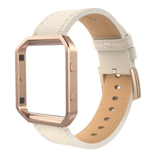 Simpeak Leather Band with Case Frame Compatible with Fitbit Blaze Smartwatch, Small Size with Frame, Genuine Leather Band Replacement for Fitbit Blaze, Beige Rose Gold Metal Frame