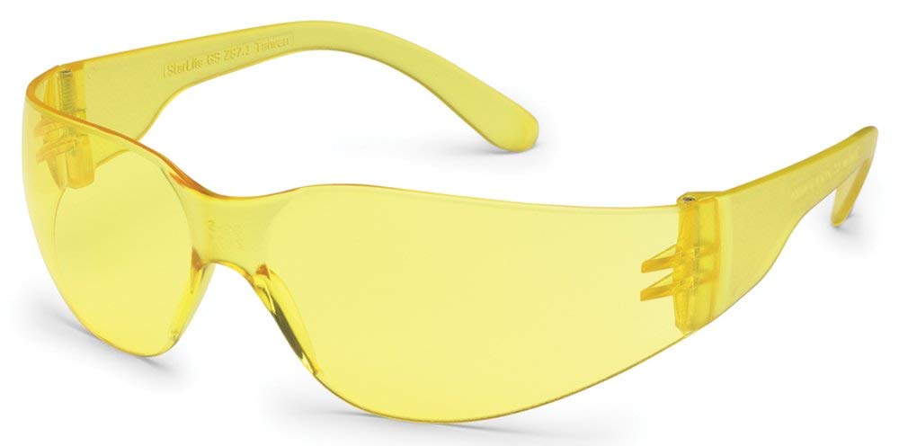 Safety Glasses, StarLite, Amber Wraparound Lens and Frame, Deep Temple, Snug Comfortable Fit