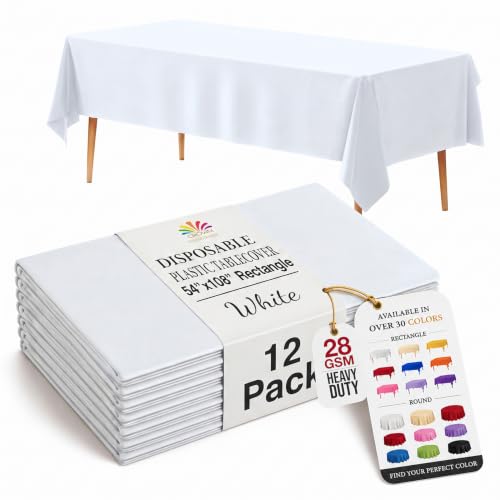 Exquisite 12-Pack Premium Plastic Tablecloth 54 Inch. x 108 Inch. Rectangle Table Cover-White