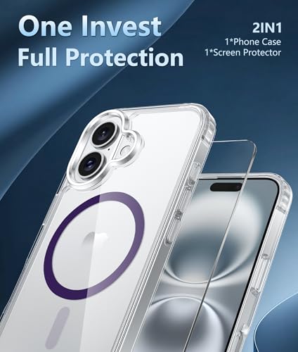 Image of FNTCASE for iPhone 16 Case Clear: Magnetic Phone Cases Compatible with Magsafe Slim Anti Yellowing Military Grade Drop Protection Rugged Shockproof Protective Transparent Cell Cover (D-Purple)