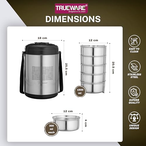 Image of Trueware Legend 5 Stainless Steel PU Insulated Hot and Cold Lunch Box with 5 SS Container 300 ML Each