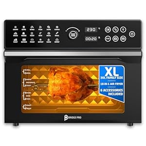 Bridge Pro 30 Litre Air Fryer Oven 1800W with Rotisserie Accessory Set - Extra Large Air Fryer for Family, 20 in 1 Dual Cook, Smart Dial, 360° Hot Air Circulation, Time & Temp Control, Fast Cooking