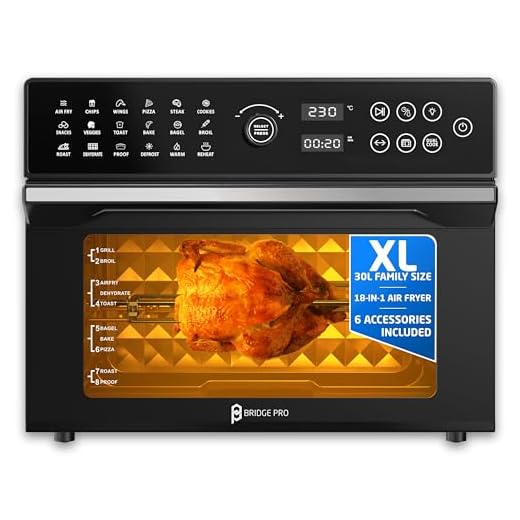 BridgePro 30L Digital Air Fryer Oven With Rotisserie Full Accessory Set - XL Family Sized 18 in 1 Dual Cook Smart Dial 360° Hot Air Circulation Time & Temp Controlled Fast Cooking 1800W