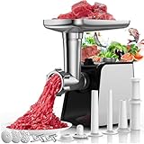 Elektrischer Fleischwolf mit Wurstfüller,3 in 1 Edelstahl,Elektrischer Fleischwolf und Wurstmacher mit 3 Wurstfüllrohren,2 Fleischklößchenformer,2 Edelstahlklingen & 3 Hackplatten