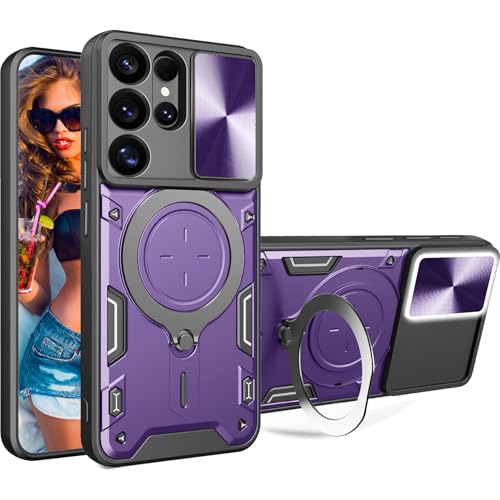 Ephoou for Samsung Galaxy S25 Ultra (Not S25) 6.8' Armor Case with Magnetic Ring Kickstand, Rugged Military Grade Shockproof Case with Slide Camera Lens Cover for Samsung Galaxy S25 Ultra JS-Purple