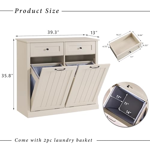 Image of IFGET Double Tilt Out Trash Cabinet, Wood Trash Can Cabinet, Cream