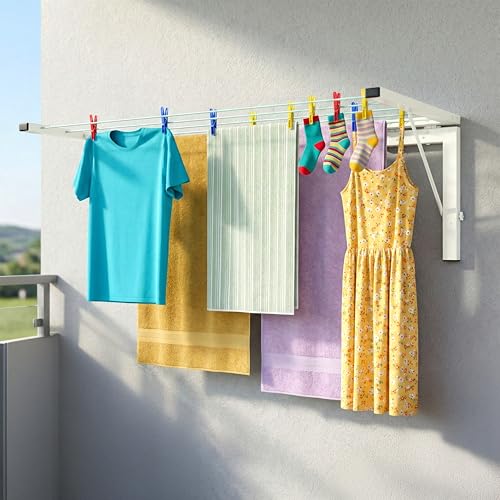 Image of Foldable Wall Mount Cloth Drying Stand | Heavy Load Capacity: Up to150 Kg | Dress Drying Hanger and Rope Metal Pipe | for Indoor, Outdoor and Balcony | (White, Pack of 2)