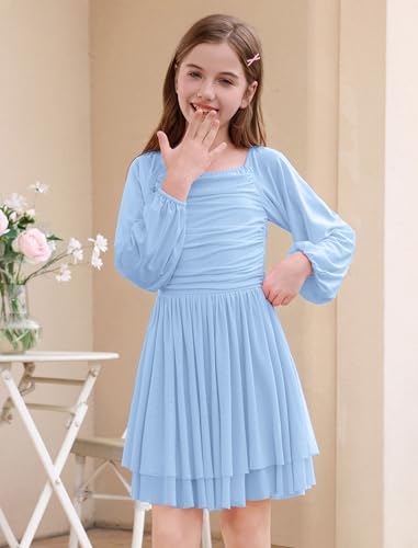 ODIZLI Kids Girls Mesh Long Sleeve Ruched Double Layered Ruffle A Line Party Dress Square Neck Fall Casual Tween Dresses3