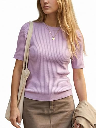 Image of Biffexu Womens Short Sleeve Tops Crew Neck Pullover Sweaters | Basic Clothes Business Outfits for Women