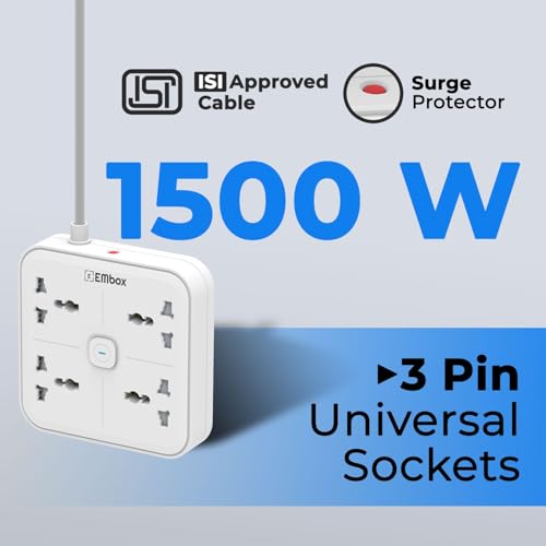 Image of EMBOX Extension Board 5 Meter Cable| Extension Board with Switches| 1500 W 4 Universal Sockets, Safety Shutter, 6 amp Spike Guard | Extension Cord LED Indicator and Safety Shutter