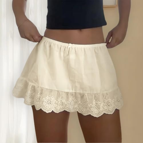 Women's Y2K Slip Mini Skirts Vintage Elastic Waist Solid Color Floral Eyelet Hem Skirt A-line Flowy Short Skirts2