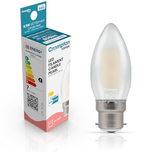 Image of Crompton Lamps Filament Candle LED Light Bulb BC-B22d | 6.5W = 60W Equivalent | Warm White 2700K | Energy Efficient | Bayonet Lightbulb | Long Life 15,000-Hrs | Pearl Glass | Dimmable