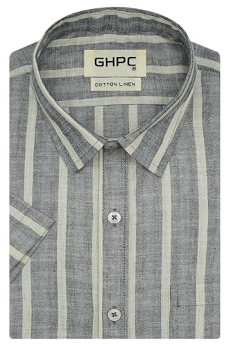 Image of GHPC Cotton Linen Striped Half Sleeves Regular Fit Formal Shirt for Men