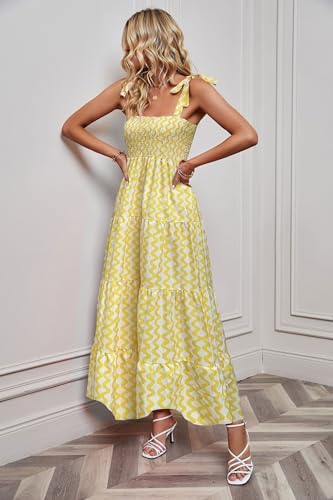 Image of kinstell Women's Summer Boho Spaghetti Strap Square Neck Ruffle Casual Flowy Long Dress Beach Swing Party Maxi Dress