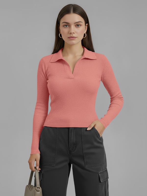 Image of Dream Beauty Fashion Women's Collared Neck Long Sleeve Slim Fit Casual Tee Top for Woman