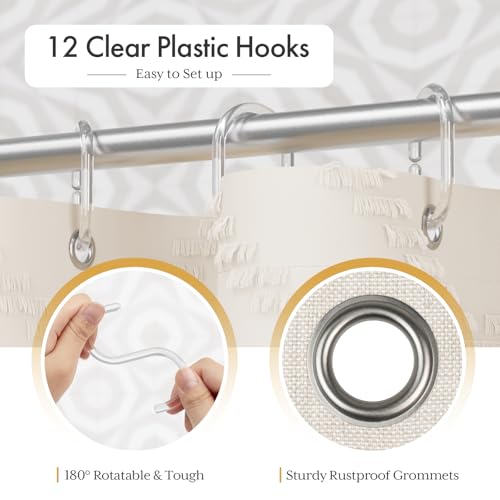 Image of AmazerBath Boho Farmhouse Shower Curtain with Tassels, Beige Shower Curtain Set Fabric, Soft Cloth Chevron Rustic Shower Curtain with Hooks, Hotel Quality, 72x72 Inches