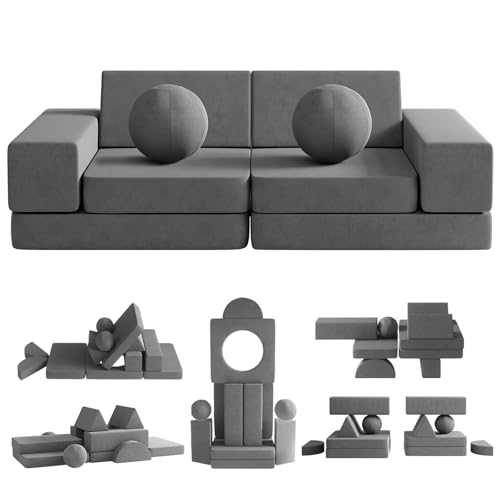 wanan 12PCS Modular Kids Play Couch with 2 Balls and Tunnel, Toddler Play Couchs for Playroom, Modular Play Couchs for Kickball Game, 30+ Creative Gameplay(Dark Gray)