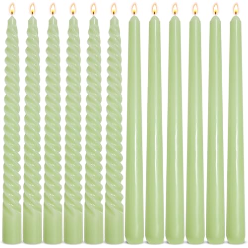 6 Pack Sage-green Taper Candles and 6 Pack Spiral Candles Set â€“ 10 Inch Elegant Dripless Candlesticks for Spring St. Patrick's Day Christmas Dinners Parties and Home DÃ©cor