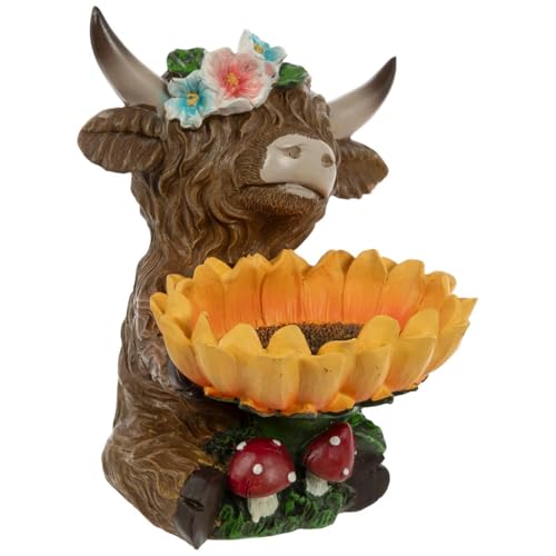 Hobby Lobby Highland Cow Resin Statue with Sunflower Bird Feeder, 9" x 6.5"