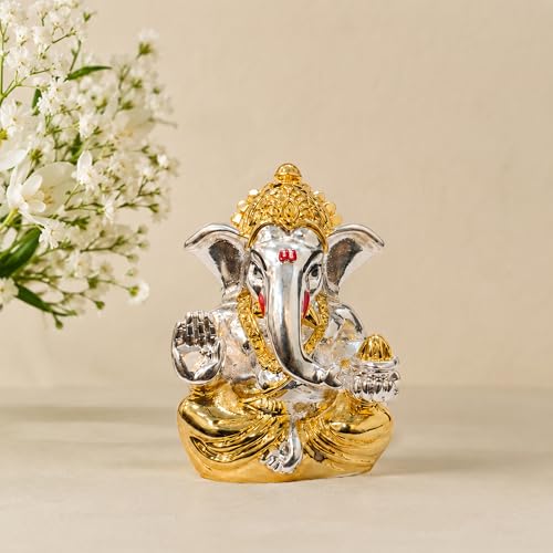 Image of Rousrie 24k Gold and 999 Pure Silver Plated Ganesha Idol, 2.5 Inch, Attracts Prosperity, Luxury Gift Box Included, for Wedding and Housewarming