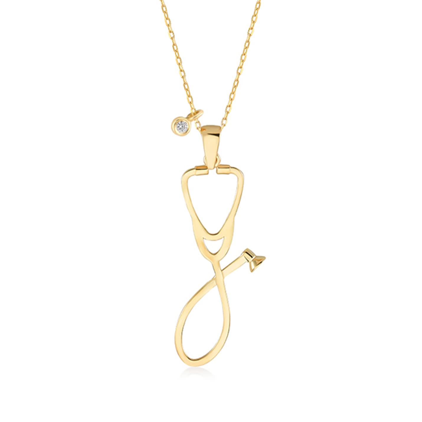 GelinDiamond Nurse Doctor Stethoscope Necklace in 14k Solid Gold, Gold, Diamond