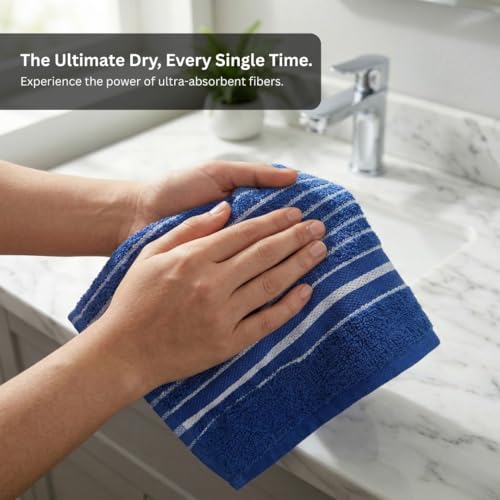 Image of Athom Living Premium Hand Towels- Cotton, 400 GSM, Ultra Soft, Quick Dry, Highly Absorbent | for Hand, Kitchen and Gym | 60 * 40 cm, Pack of 4 (Blue)