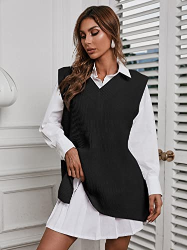Verdusa Women's V Neck Sleeveless Split Oversized Knit Sweater Vest Pullover Top Black M #TOP3