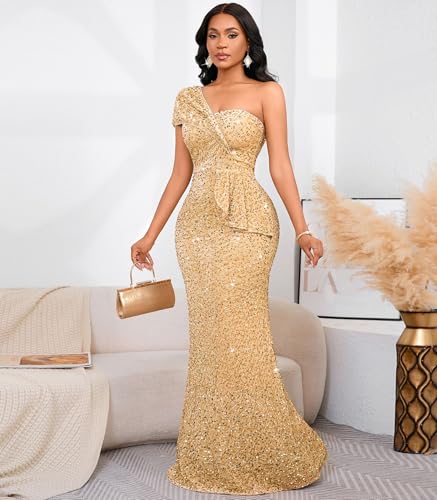 Image of Cololura Women Sexy Sequin One Shoulder Mermaid Formal Party Cocktail Gowns Bodycon Evening Maxi Dress