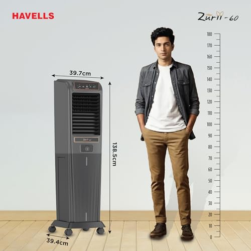 Image of Havells Zurii 60 L Tower Air Cooler for Room|With Remote & Electronic Panel|Fully Collapsible louvers|Low Water Alarm|Dust Filter Net|Timer Function|Bacteria Shield Honeycomb Pads|Dry Run Protection