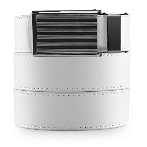 SlideBelts Men's Classic Belt with Premium Buckle (White Leather with Bar-Striped Buckle (Vegan), One Size)